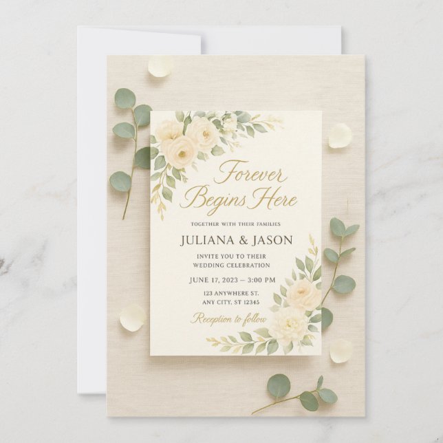 Elegant Wedding Invitation with Soft Ivory Peonies (Front)