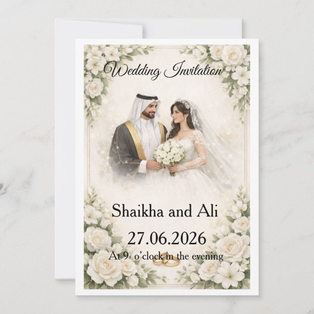 Elegant Wedding Invitation with White Flowers and  (Front)