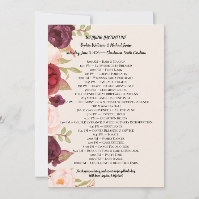 Elegant Wedding Itinerary Card (Front)