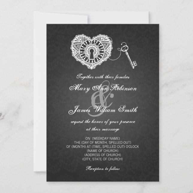 Elegant Wedding Key To My Heart Black Invitation (Front)