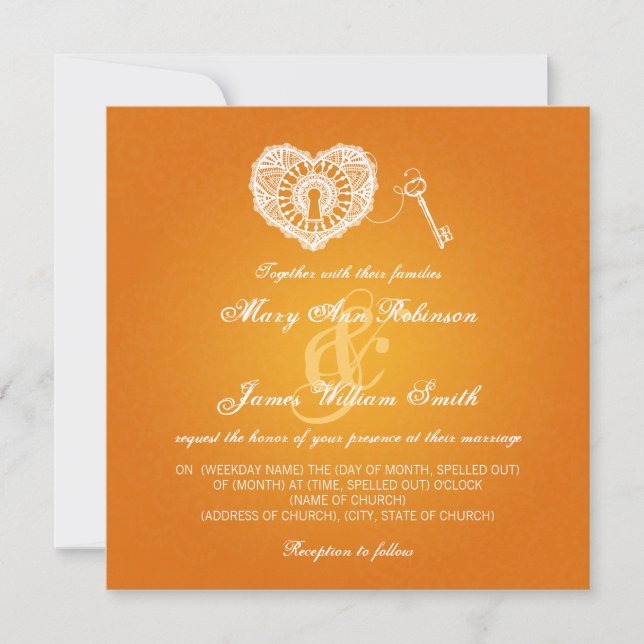 Elegant Wedding Key To My Heart Orange Invitation (Front)