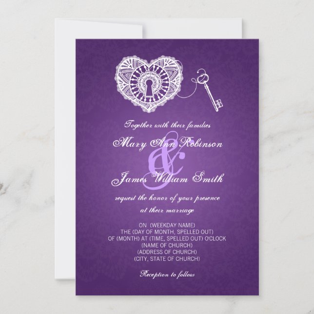 Elegant Wedding Key To My Heart Purple Invitation (Front)