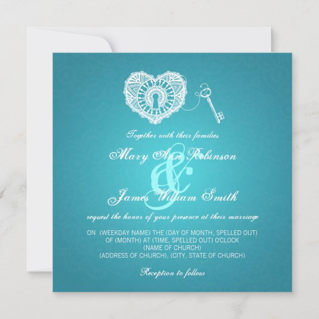 Elegant Wedding Key To My Heart Turquoise Invitation (Front)