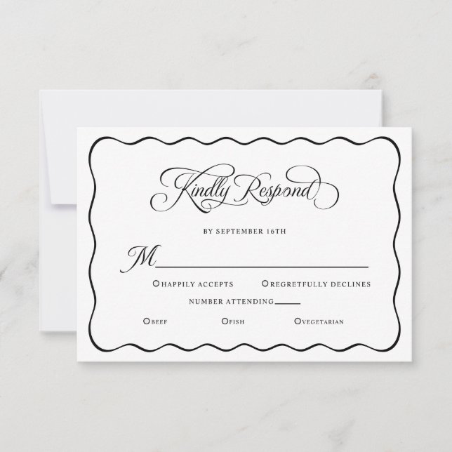 Elegant Wedding Kindly Respond Wavy Frame Black RSVP Card (Front)