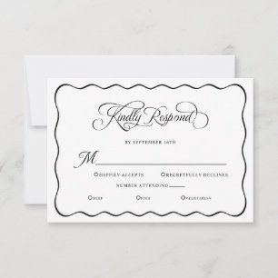 Elegant Wedding Kindly Respond Wavy Frame Black RSVP Card
