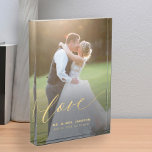 Elegant wedding love gold script Mr and Mrs custom Photo Block<br><div class="desc">Personalise this photo block with bride and groom's names and wedding date and place. Could be a perfect keepsake gift for the newlyweds.</div>