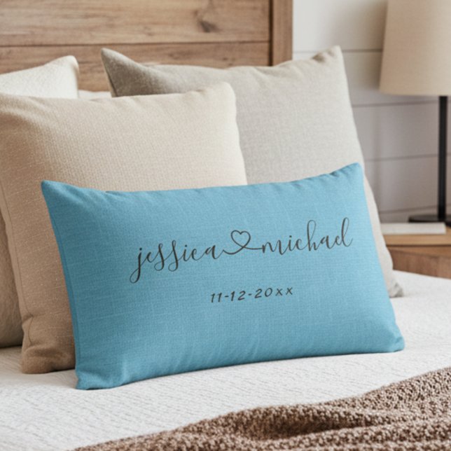 Elegant Wedding Lumbar Pillow with Newlyweds Names (Connected by heart romantic blue pillow for newlyweds!)