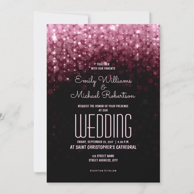 Elegant wedding marsala lights bokeh background invitation (Front)