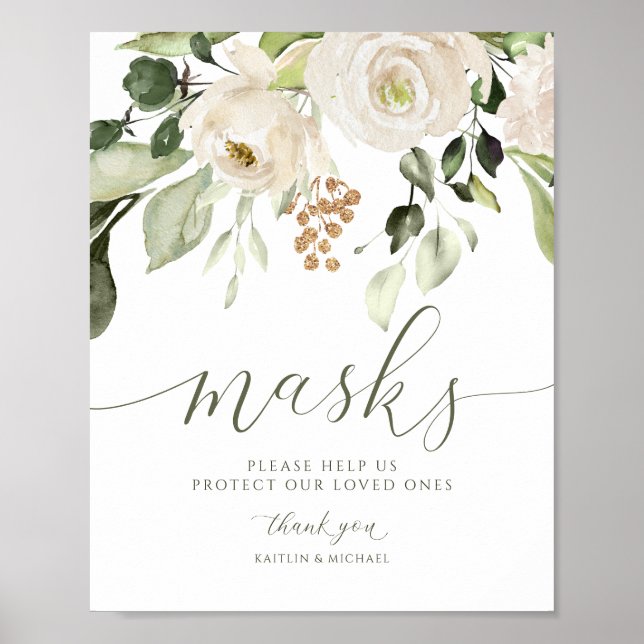 Elegant Wedding Masks Sign Greenery Foliage (Front)