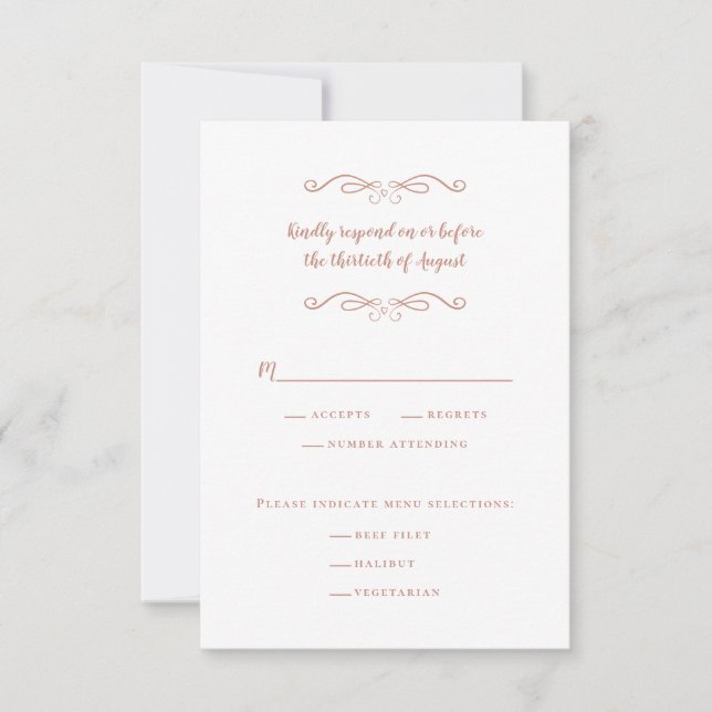 Elegant Wedding Meal White & Rose Pink Minimalist RSVP Card (Front)