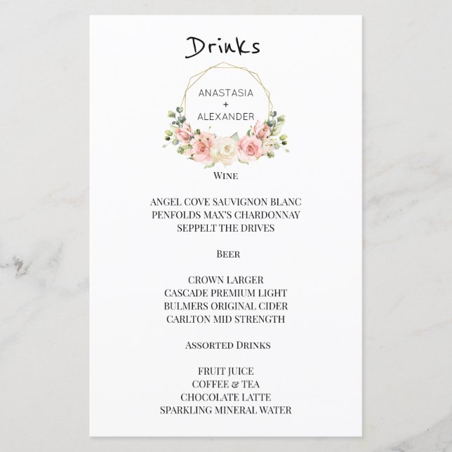Elegant WEDDING MENU drinks. (Front)
