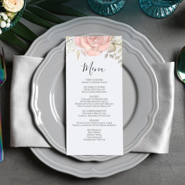 Elegant Wedding Menu Floral Blush Pink  (Wedding menu card with calligraphy script and elegant foliage.)