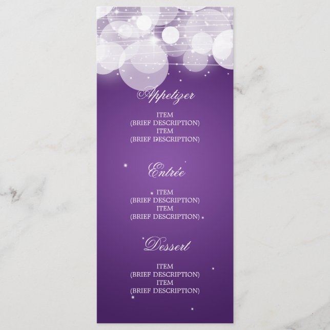 Elegant Wedding Menu Glow & Sparkle Purple (Front)