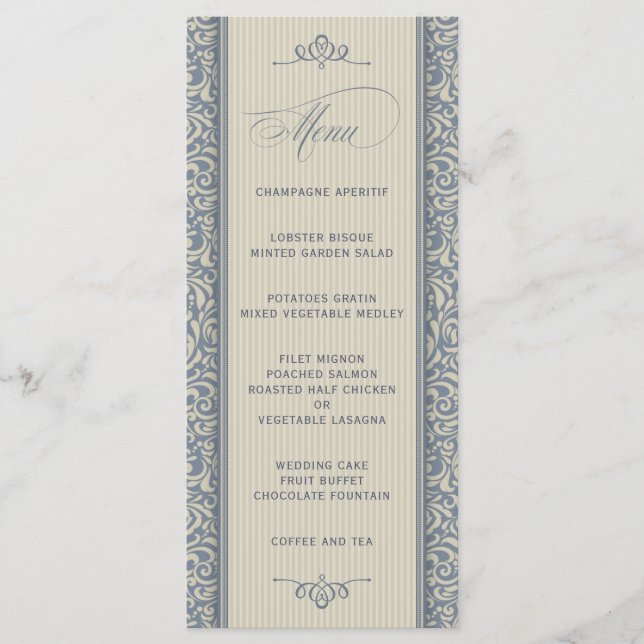 Elegant Wedding Menu in Blue and Beige (Front)