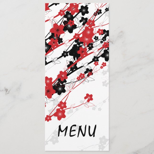 Elegant Wedding Menu  Japanese Flowers Red (Front)