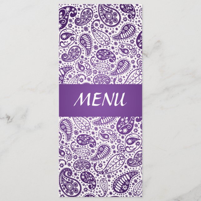Elegant Wedding Menu  Paisley Pattern Purple (Front)