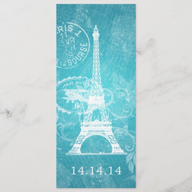 Elegant Wedding Menu Romantic Paris Blue (Front)