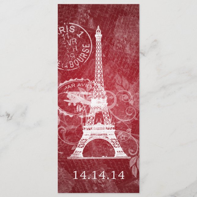 Elegant Wedding Menu Romantic Paris Red (Front)