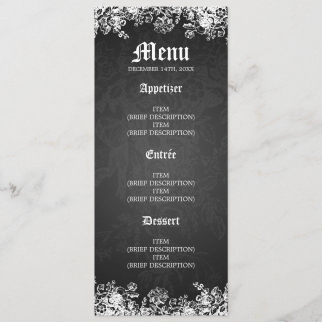 Elegant Wedding Menu Victorian Flourish Black (Front)