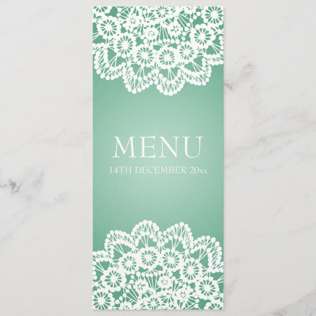 Elegant Wedding Menu  Vintage Lace Mint Green (Front)