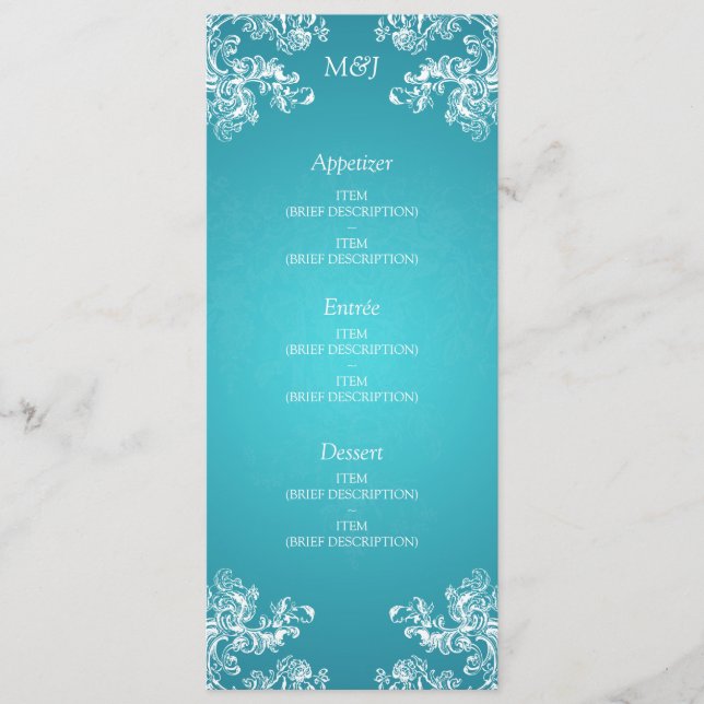 Elegant Wedding Menu Vintage Swirls 2 Turquoise (Front)