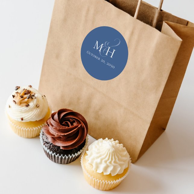 Elegant Wedding Minimalist Monogram Simple Blue Classic Round Sticker (Elegant deep Blue wedding monogram simple sticker. )