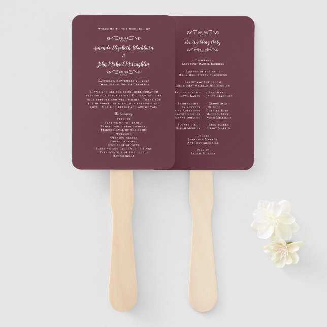 Elegant Wedding Modern Ceremony Program Burgundy Hand Fan (Front and Back)