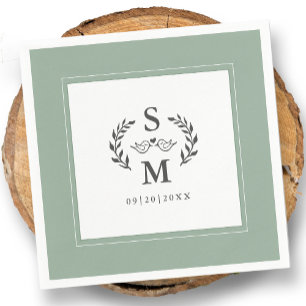 Elegant Wedding Monogram Crest Wreath Sage Green Napkin