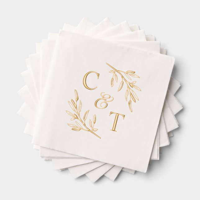 Elegant Wedding Monogram Greenery Leaves Foil Napkins (Insitu (Stacked))