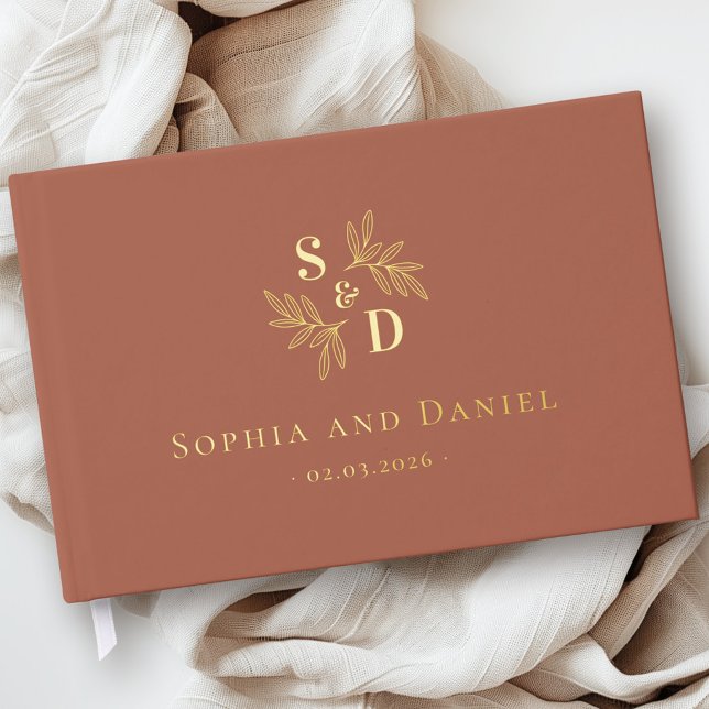 Elegant wedding monogram greenery leaves real foil guest book (Elegant wedding monogram greenery leaves real foil guest book)