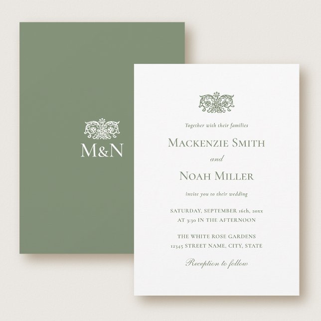 Elegant Wedding Monogram Invitation Ornate Green (Creator Uploaded)
