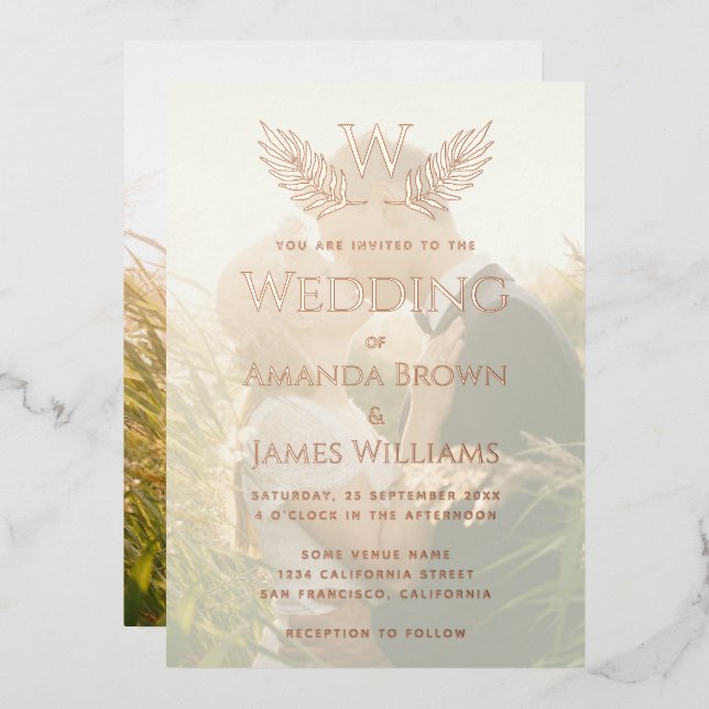 Elegant Wedding Monogram Leaves Transparent Photo  (Front/Back)