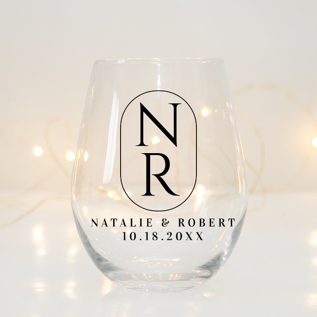 Elegant Wedding Monogram Modern Minimalist Couple Stemless Wine Glass (Creator Uploaded)