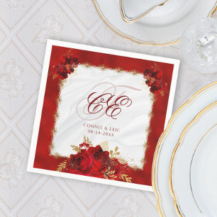 Elegant Wedding Monogram Red Gold Floral Napkin