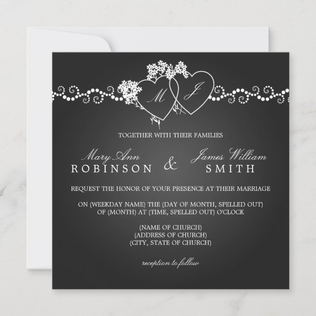 Elegant Wedding Monogrammed Hearts Black Invitation (Front)