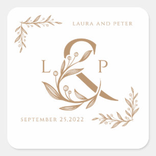 Elegant wedding monograms with floral ampersand  square sticker