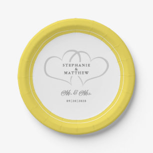 Elegant Wedding Mr & Mrs Yellow Chic Hearts Fancy  Paper Plate