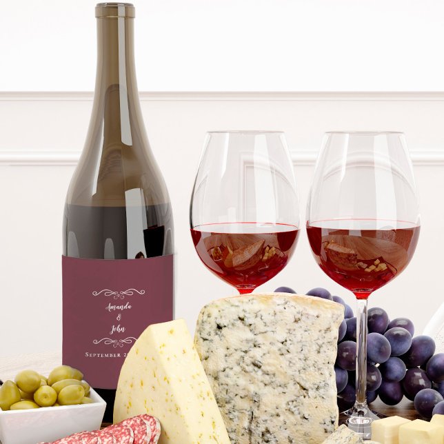 Elegant Wedding Names Date Calligraphy Burgundy Wine Label (Creator Uploaded)