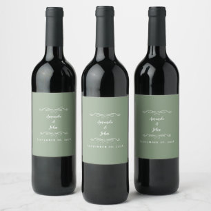 Elegant Wedding Names Date Calligraphy Sage Green Wine Label