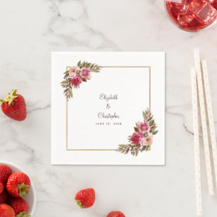 Elegant Wedding Names Date Floral Gold Cocktail Napkin