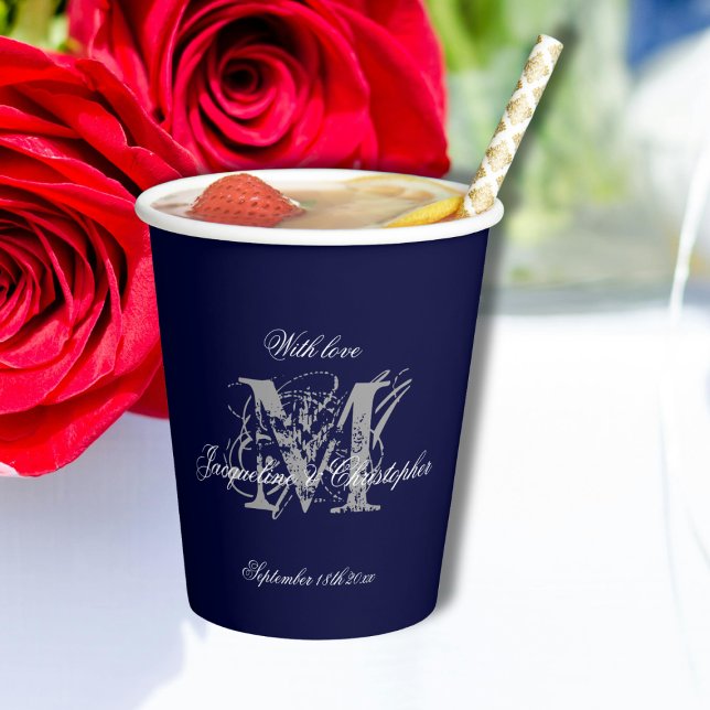 Elegant Wedding Navy Silver Monogram + Names Chic Paper Cups (For an Elegant Wedding - Navy Blue, Silver and White Monogram + Bride & Groom Names Chic Paper Cups.)
