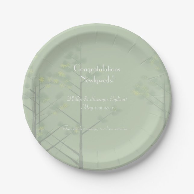 Elegant Wedding Newlyweds Sage Green Tree Art Paper Plate (Front)