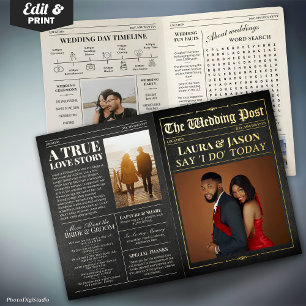 Elegant Wedding Newspaper w. Timeline Black & Gold Foil Greeting Card