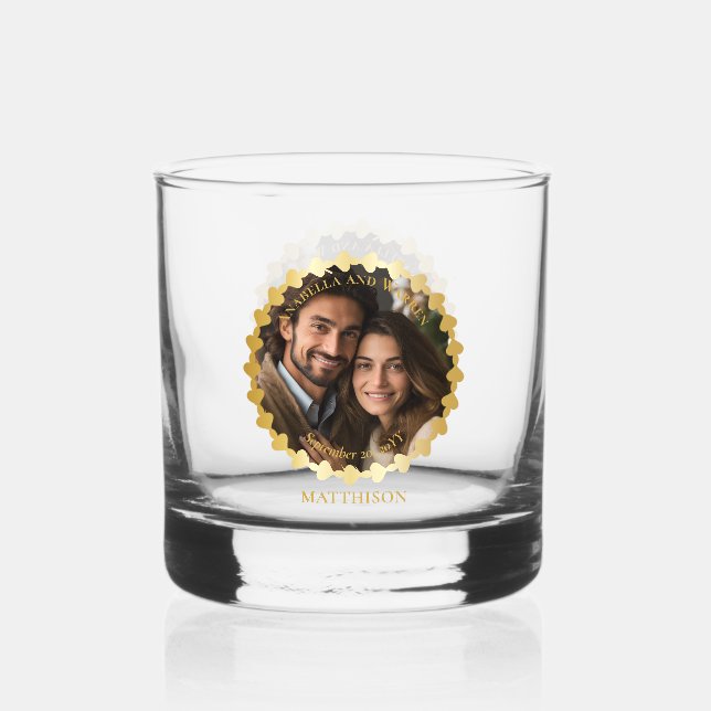 Elegant Wedding or Anniversary Couple Photo Name Whiskey Glass (Front)