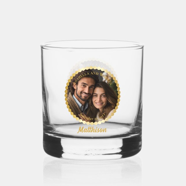 Elegant Wedding or Anniversary Couple Photo Name Whiskey Glass (Front)
