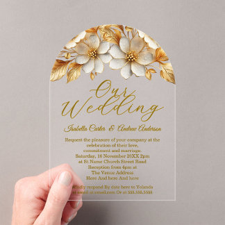 Elegant Wedding Ornate Floral Cream Gold Flowers Acrylic Invitations