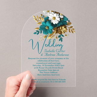 Elegant Wedding Ornate Teal White Gold Flowers Acrylic Invitations
