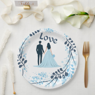 Elegant Wedding Paper Plate Blue Floral Bride Groo