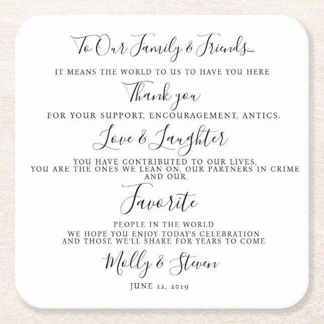 Elegant  wedding party/wedding Thank you Square Paper Coaster (Front)