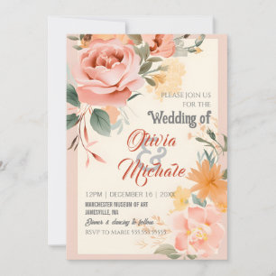 Elegant Wedding  Pastel Pink Orange Floral Frame Invitation